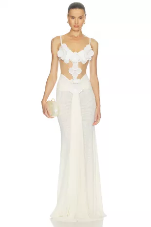 3D Flower Embroidered Mesh Gown