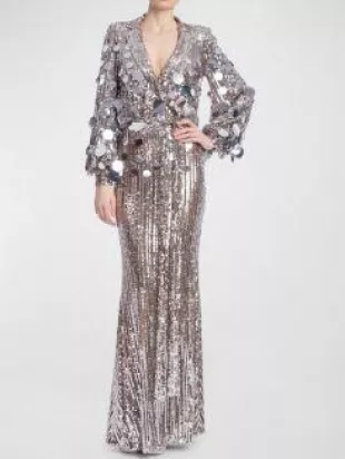 Blouson-Sleeve Sequin and Paillette Column Gown