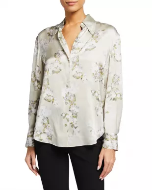 Hazy Blossom Silk Collared Blouse