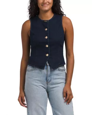 Denim High Neck Button Vest