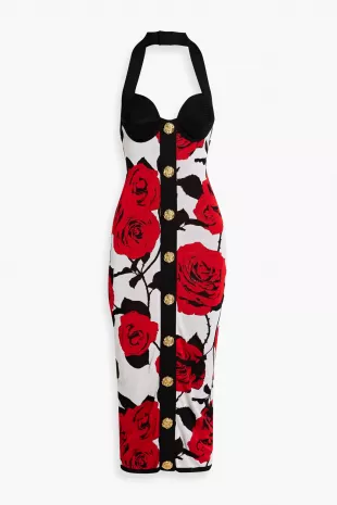 Jacquard Knit Halterneck Midi Dress