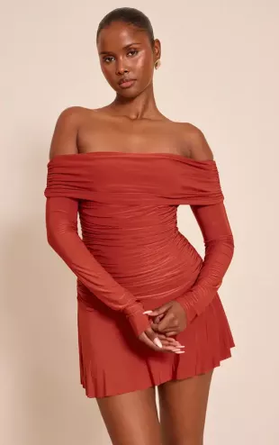 Rust Double Layer Slinky Long Sleeve Bardot Mini Dress