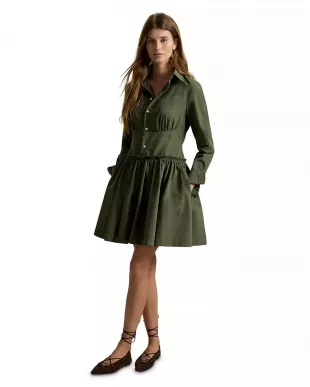 Paneled Shirred Cotton Canvas Mini Shirtdress
