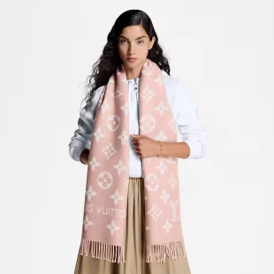Beige Rose Pink Wool Monogram LV Essential Scarf
