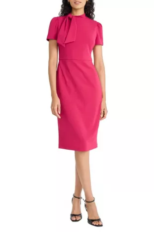 Tie Neck Puff Sleeve Scuba Crepe Dress in Sangria