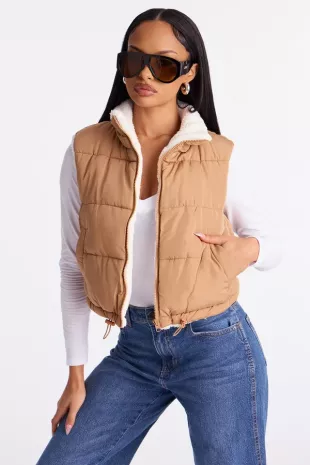 Never Too Cozy Sherpa Puffer Vest Camel