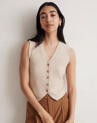Button-Front Sweater Vest in Tan