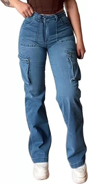 Amazon Women's Denim Straight Leg Cargo Pants with High Waist and Slim Fit Y2k Street Wear Pants