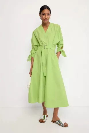 Poplin V Neck Midi Dress