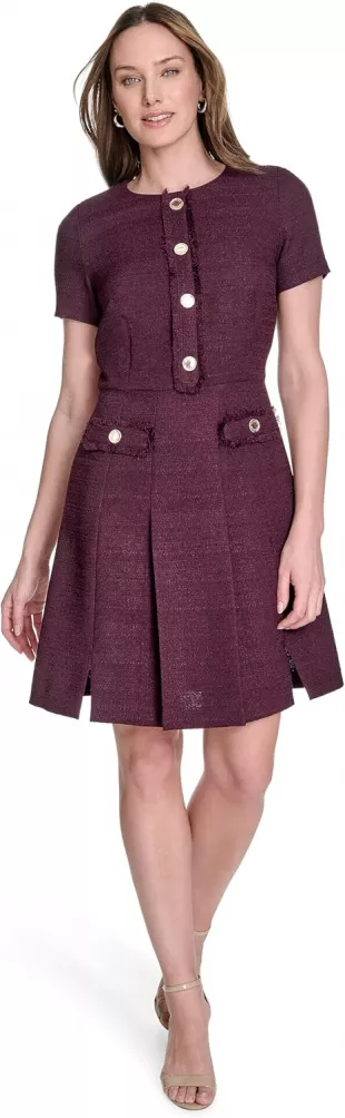 Boucle Short Sleeve Button Front A-line Dress