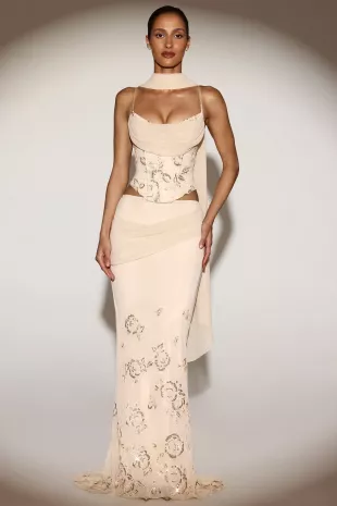 Belen Embellished Draped Mid-Rise Maxi Skirt in Gold