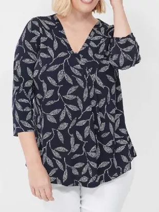 Zillow Gone Wild S03 Navy Blue Leaf Print Blouse