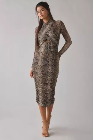 Aliyah Snakeskin Print Mesh Long Sleeve Cut Out Midi Dress