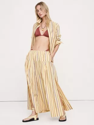 Tiered Cotton Poplin Maxi Skirt in Cream Stripe