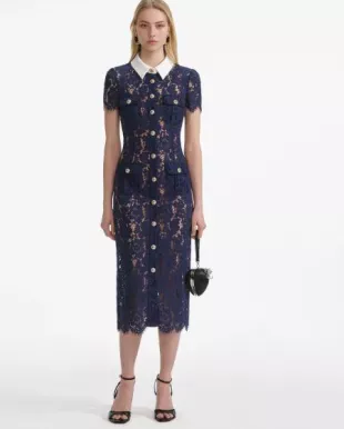 Navy Lace Contrast Collar Midi Dress