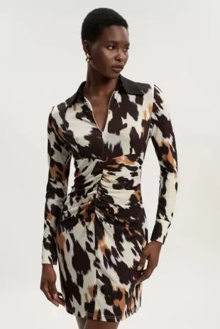 Animal Print Crepe Collared Mini Dress