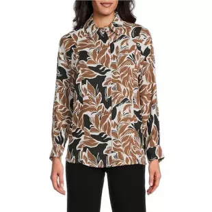 Investments Petite Abstract Leaves Dolman Long Sleeve Button Front Point Collar Blouse