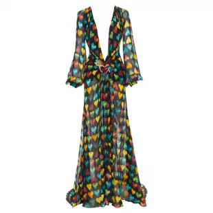 Runway Heart Print Embellished Maxi Dress