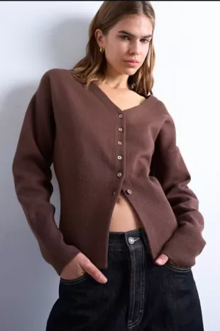 Knit V Neck Longline Compact Fitted Waist Cardigan in Chocolate