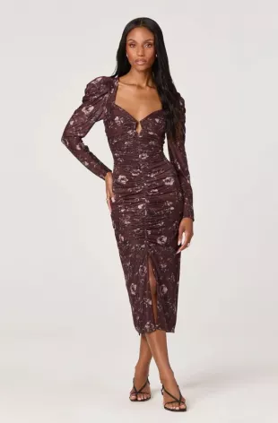 Ruched Mesh Midi Dress