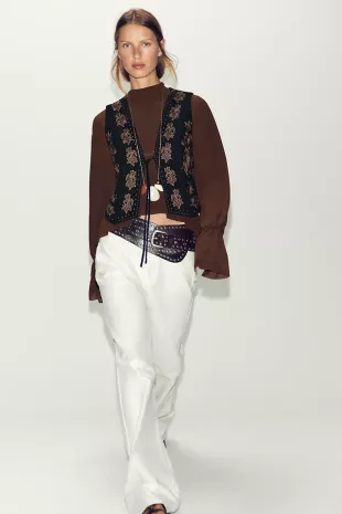 Embroidered Beaded Faux Suede Vest