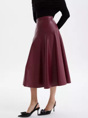 Wave Hem Faux Leather Midi Skirt