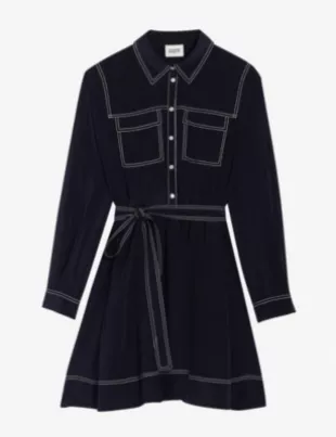 Reinette Contrast Top-Stitch Silk Dress