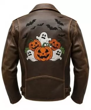 Halloween Patches Distressed Brown Leather Jacket.