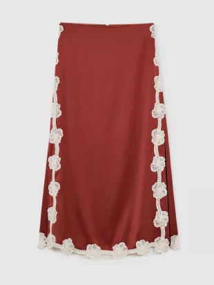 Satin Floral-Lace Trim Midi Skirt in Rust Orange