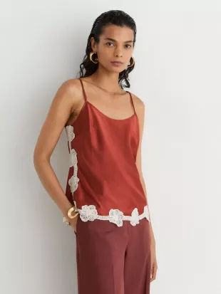 Satin Floral-Lace Trim Cami Top