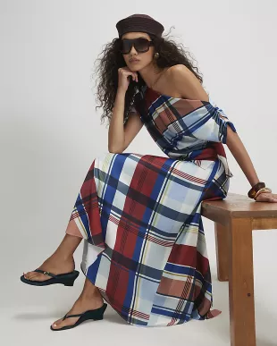 Blue Satin Check Maxi Skirt
