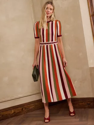 Multicoloured Striped Short Sleeve Knitted Midi Dress