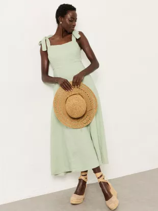 Delphine Green 100% Linen Midi Dress