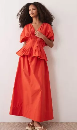 *V Neck Nipped Waist Peplum Maxi Dress