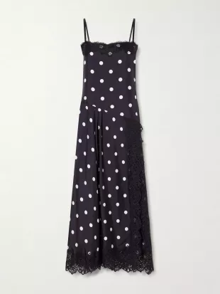 Polka-Dot Pleated Lace-Trimmed Silk Maxi Dress