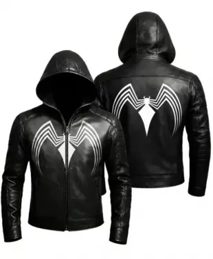 Spider Black Leather Hooded Jacket