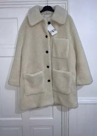 Ecru Faux Shearling Lapel Collar Coat