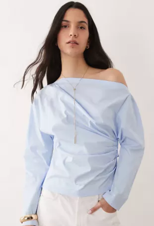 One Shoulder Long Sleeve Cinched Waist Blouse in Pale Blue