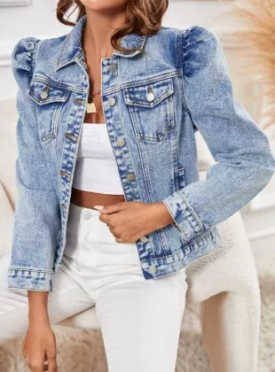 Puff Sleeve Button Front Denim Jacket