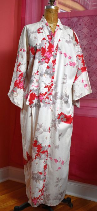 Long Floral Kimono Red & Pink Flowers 1980s Cotton Vintage Robe/Vintage Kimono/Summer Robe/Boho Festival Wear