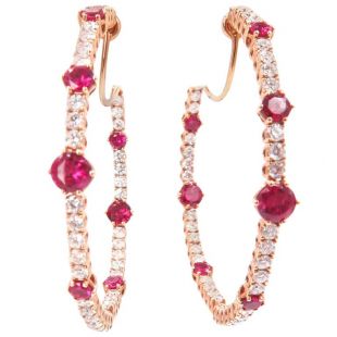 Rose Gold Ruby and Diamond Hoop Earrings