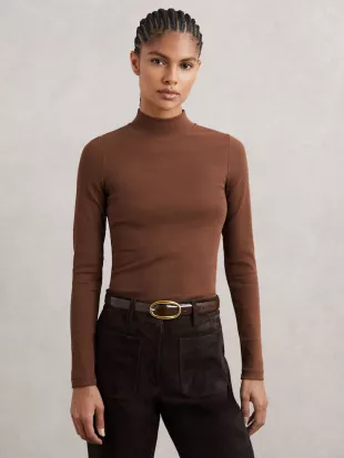 Brown Polly Stretch-Cotton Funnel-Neck Top