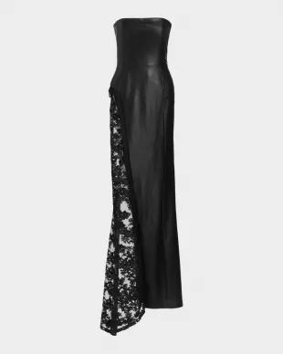 Retha Strapless Vegan Leather Lace Maxi Dress