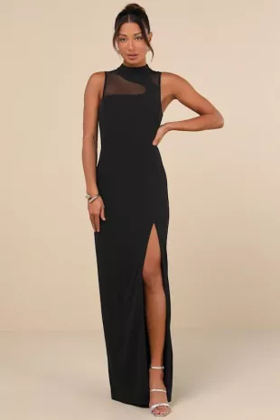 Irresistibly Modern Black Mesh Mock Neck Maxi Dress