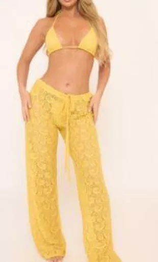 Low Drawstring Waist Wide Leg Trousers In Yellow Lace