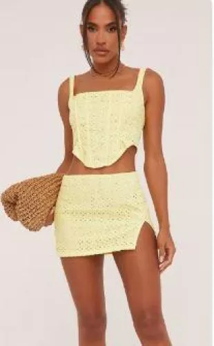 Mid Rise Split Leg Broderie Mini Skirt In Yellow & Top