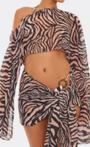 Mid Rise Tie Side Sarong In Brown Zebra Print Mesh