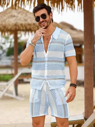 Polo Collar & Front Button Closure Short Sleeve Crochet Shirt