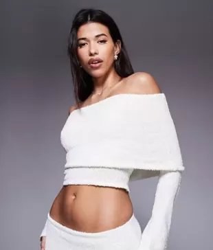 Yasmin Bardot Boucle Knit Dramatic Foldover Flared Sleeve Top