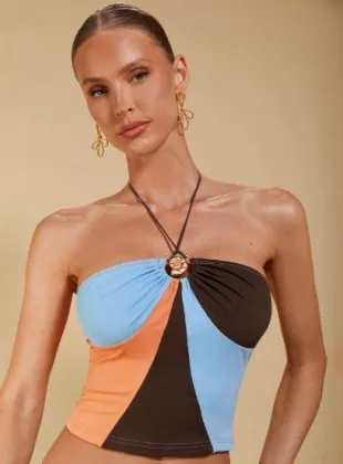 Casual Color Block Halter Tie Strap Tank Top